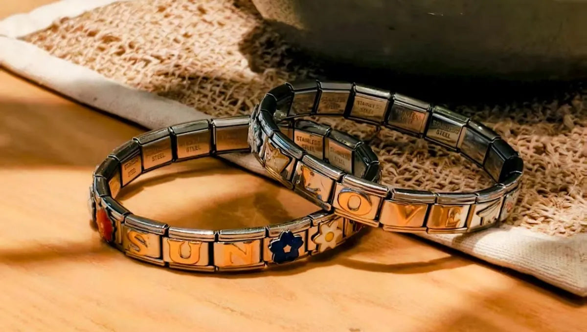Stainless steel Italian charm bracelets with engraved letters SUN and LOVE, customized modular Italian bracelets for everyday wear.