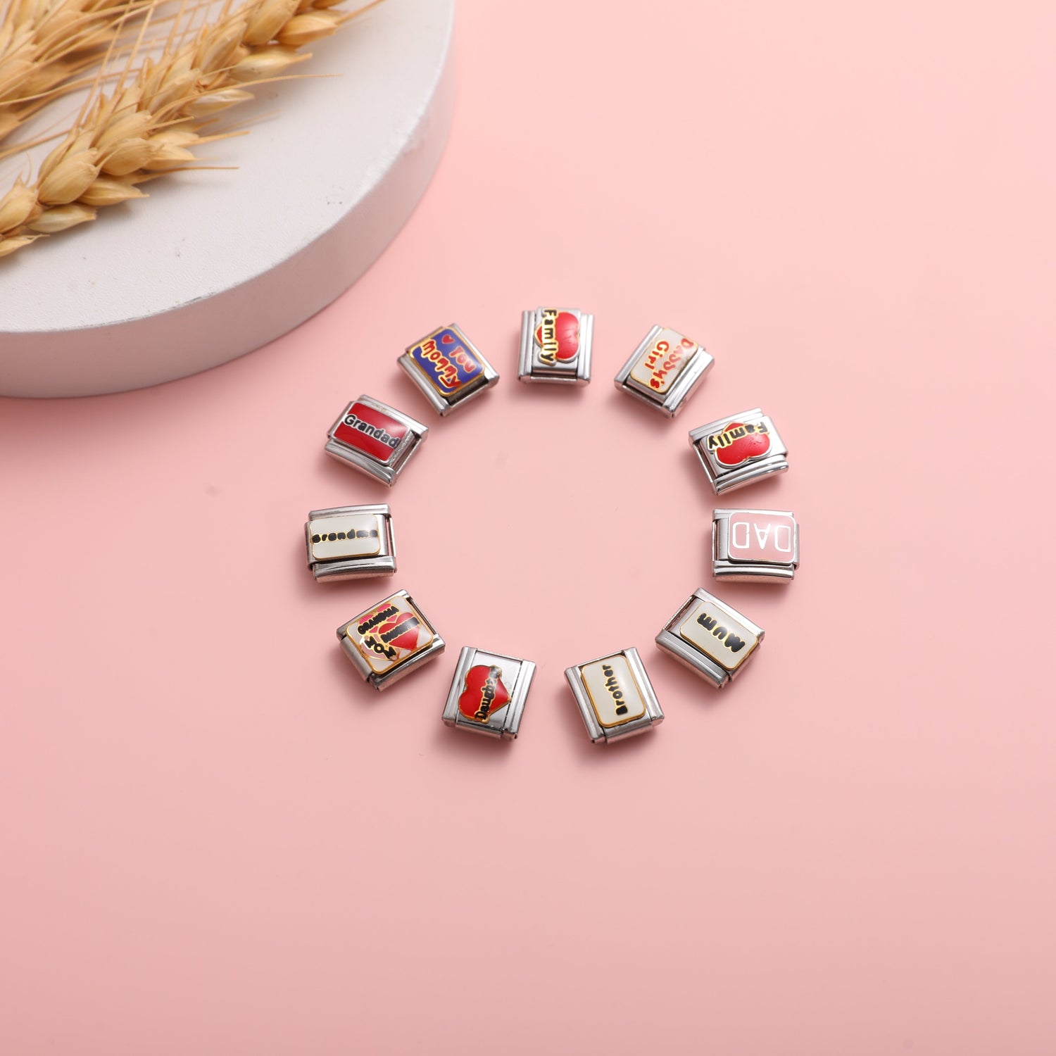Family Italian charm bracelet charms arranged in a circular layout on pink background