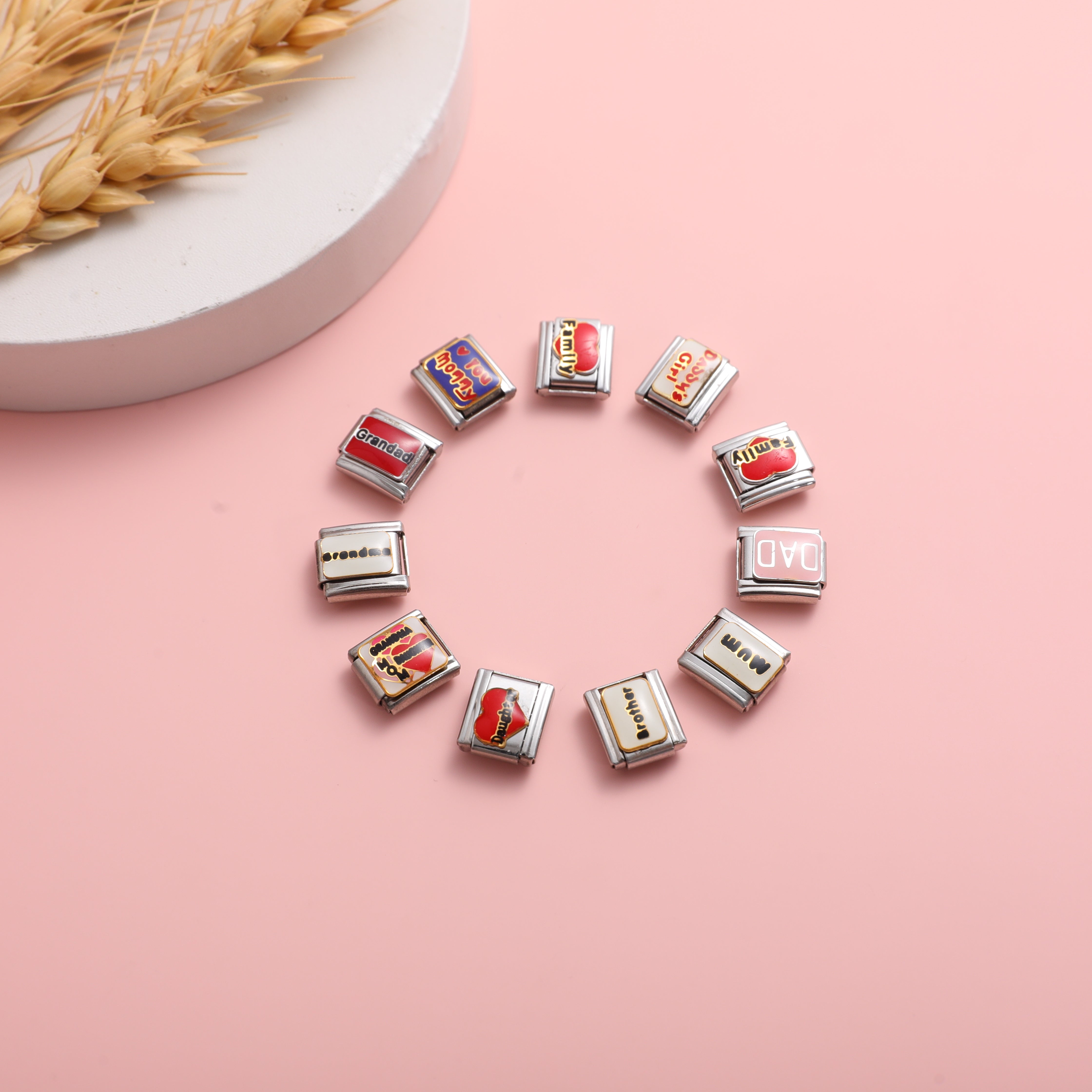 family themed italian charm bracelet links arranged in circle love mom dad sister charm collection