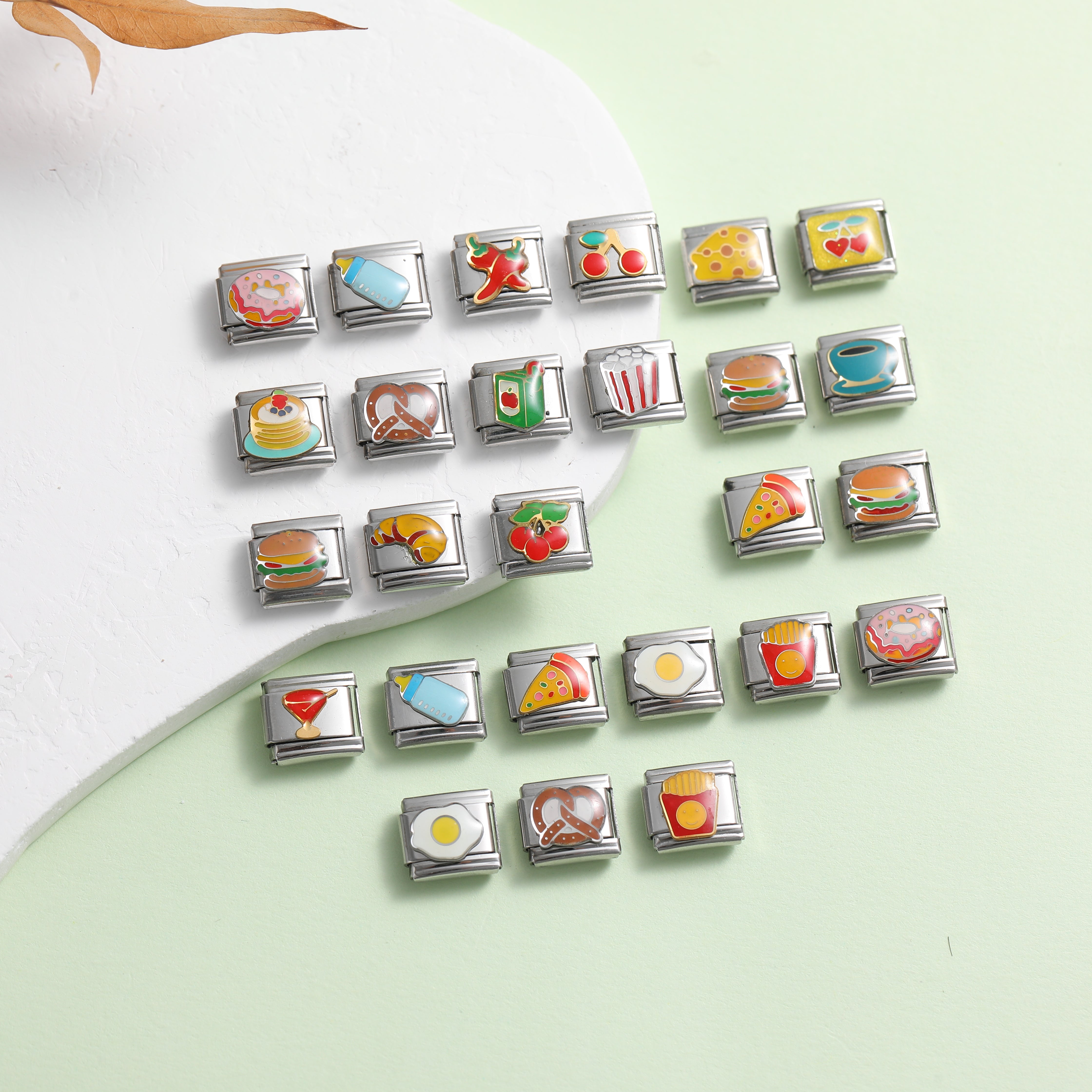 food italian charm bracelet charms collection pizza burger coffee dessert links flat lay
