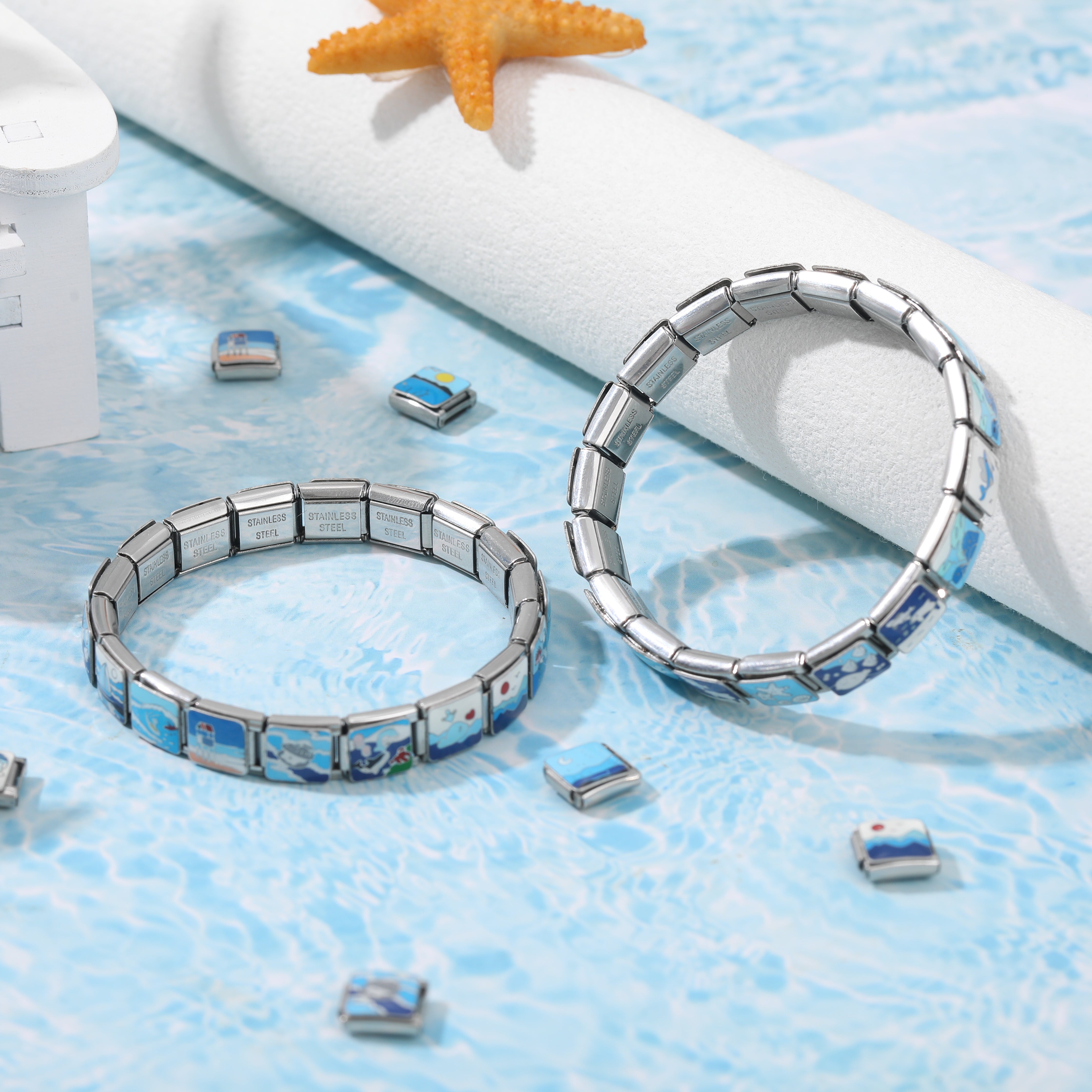 Ocean theme Italian charm bracelet with blue sea charms on stainless steel links summer beach style jewelry