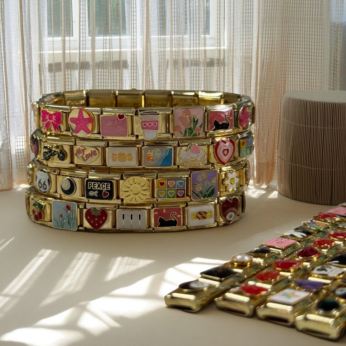 Italian charm bracelet sparkling under soft light symbolizing timeless modular jewelry design