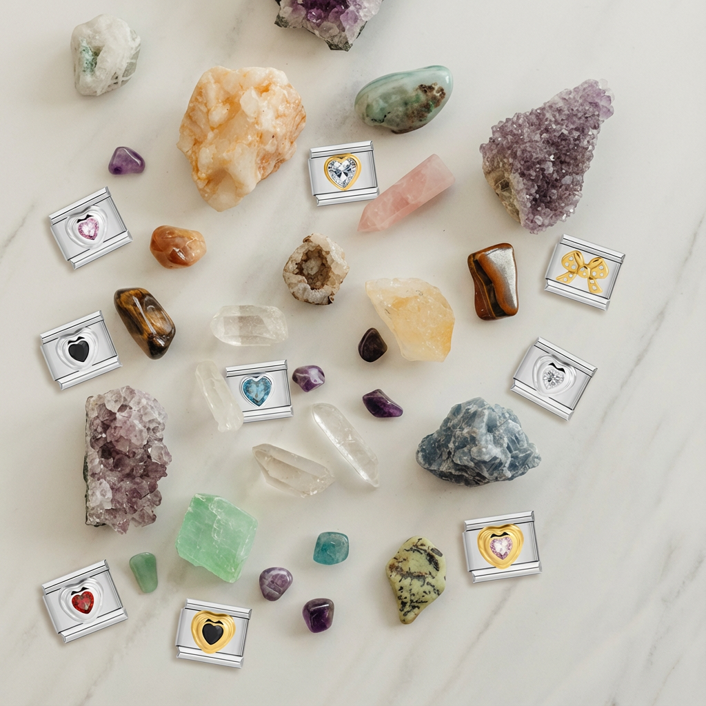 Overhead view of Italian modular charm links with gemstone hearts and gold details, mixed with assorted raw and tumbled healing crystals on a marble background.