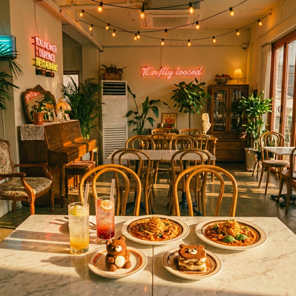 Cozy café interior with marble tables, warm lighting, and plates of pasta and desserts — inspiration for food and drink charms for Italian charm bracelets