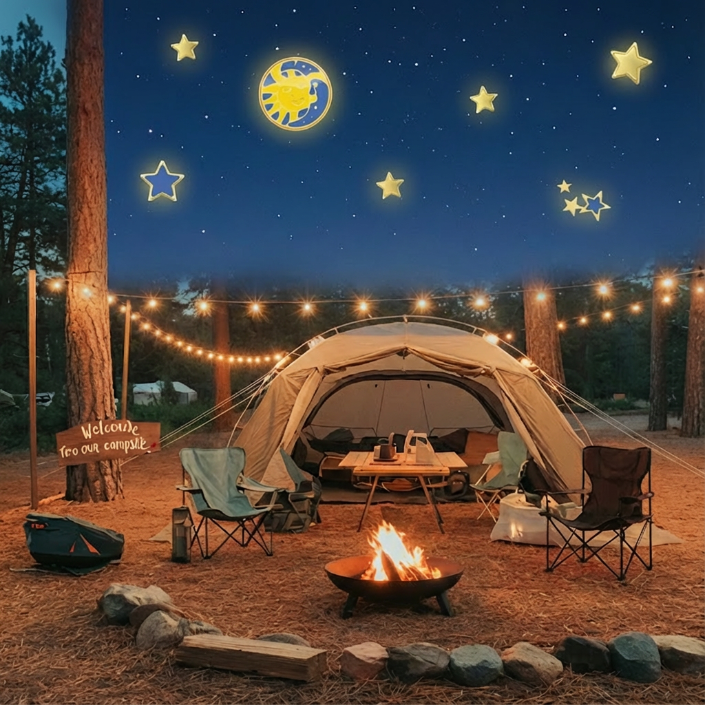 A whimsical night camping scene with a campfire, where the moon and stars are shaped like bracelet charms.