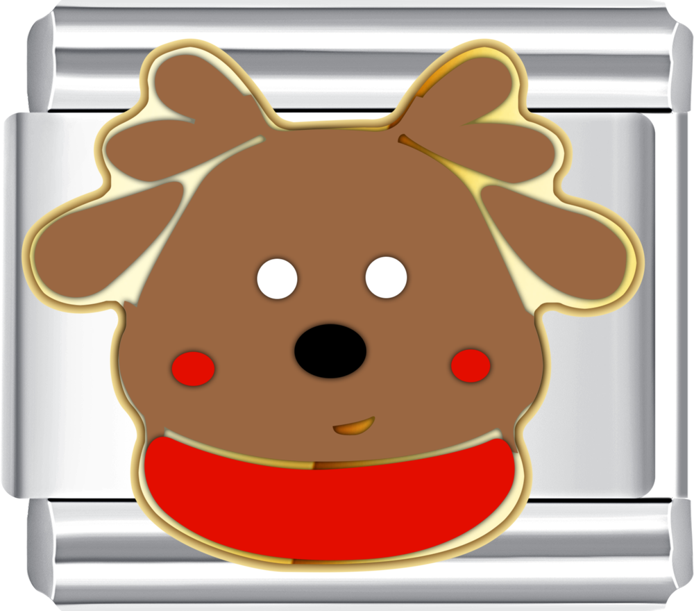 Metallic charm with a cartoon dog face wearing a red scarf on a silver background