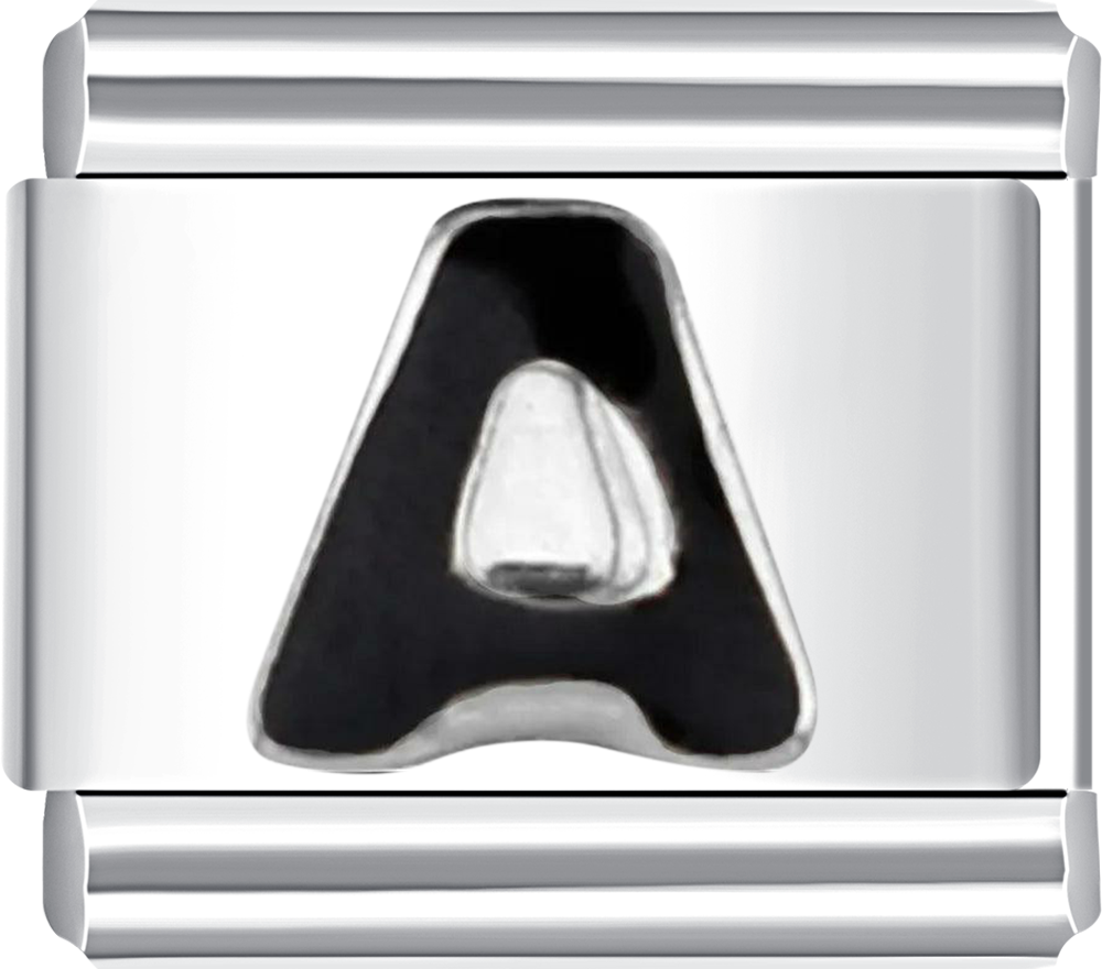 Stylish silver charm featuring letter A in black, ideal for a custom Italian charm bracelet.