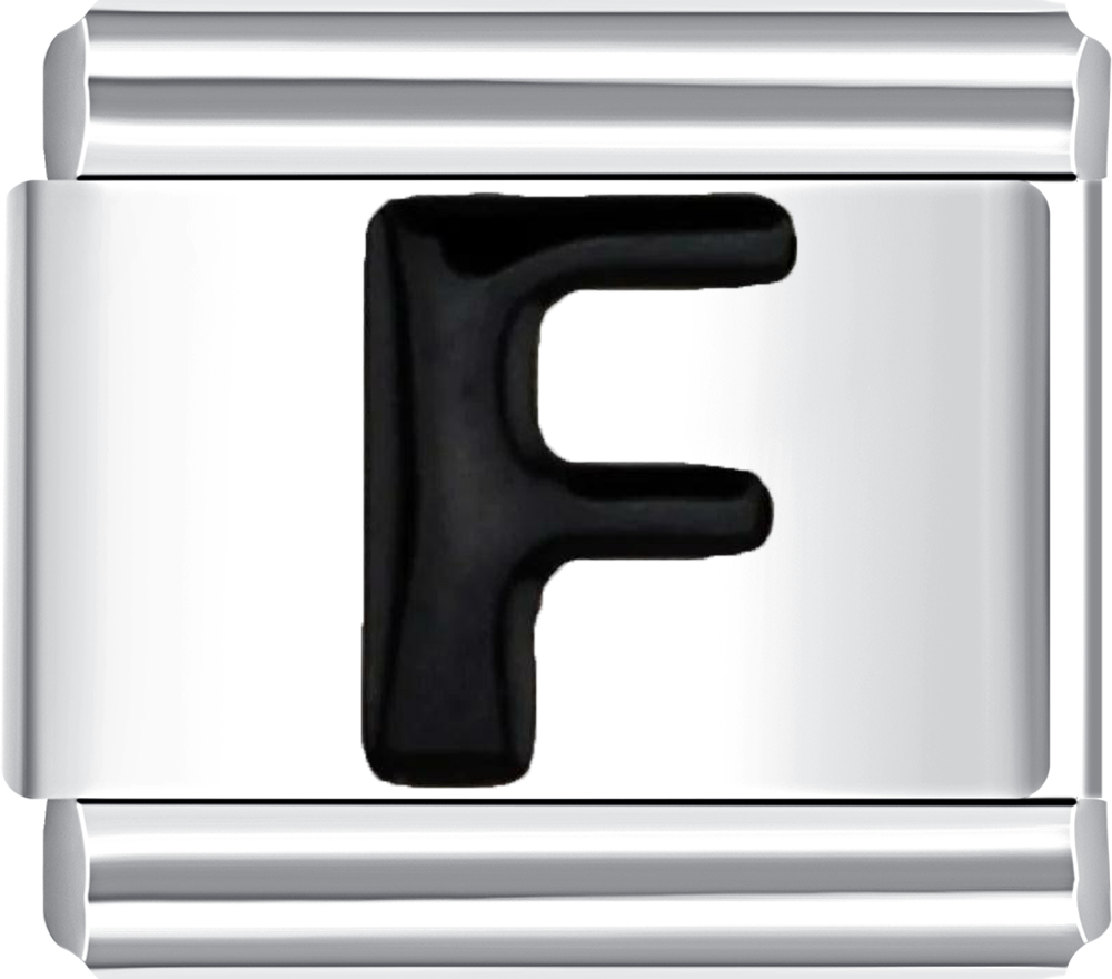 Stylish silver charm featuring the letter F in black, ideal for a custom Italian charm bracelet.