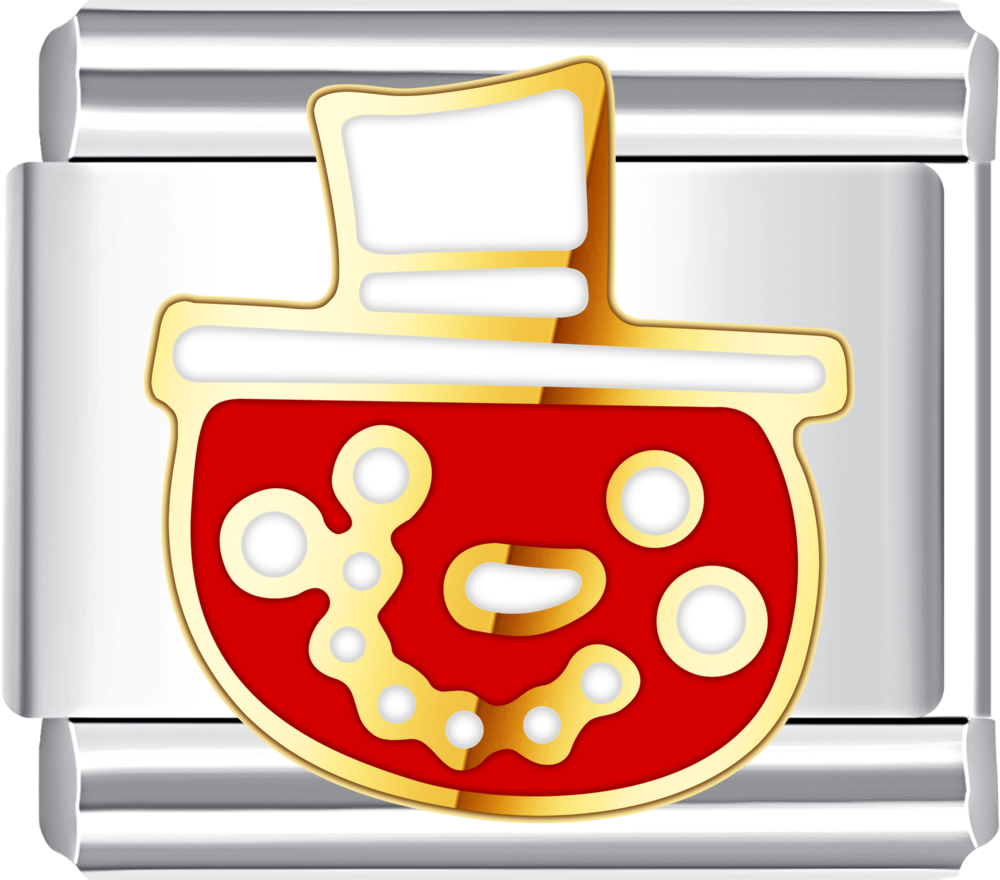 Silver charm with a red and gold design on a white background