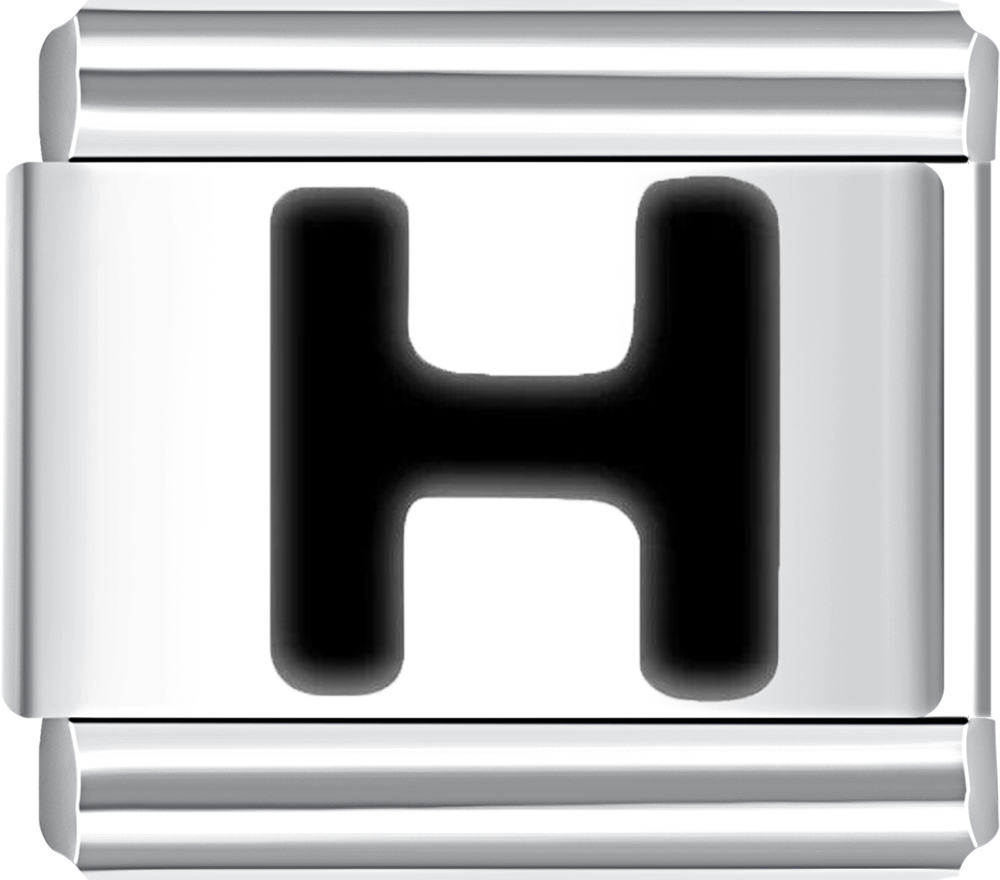 Custom silver charm with letter H in black, ideal for a stainless steel charm bracelet.