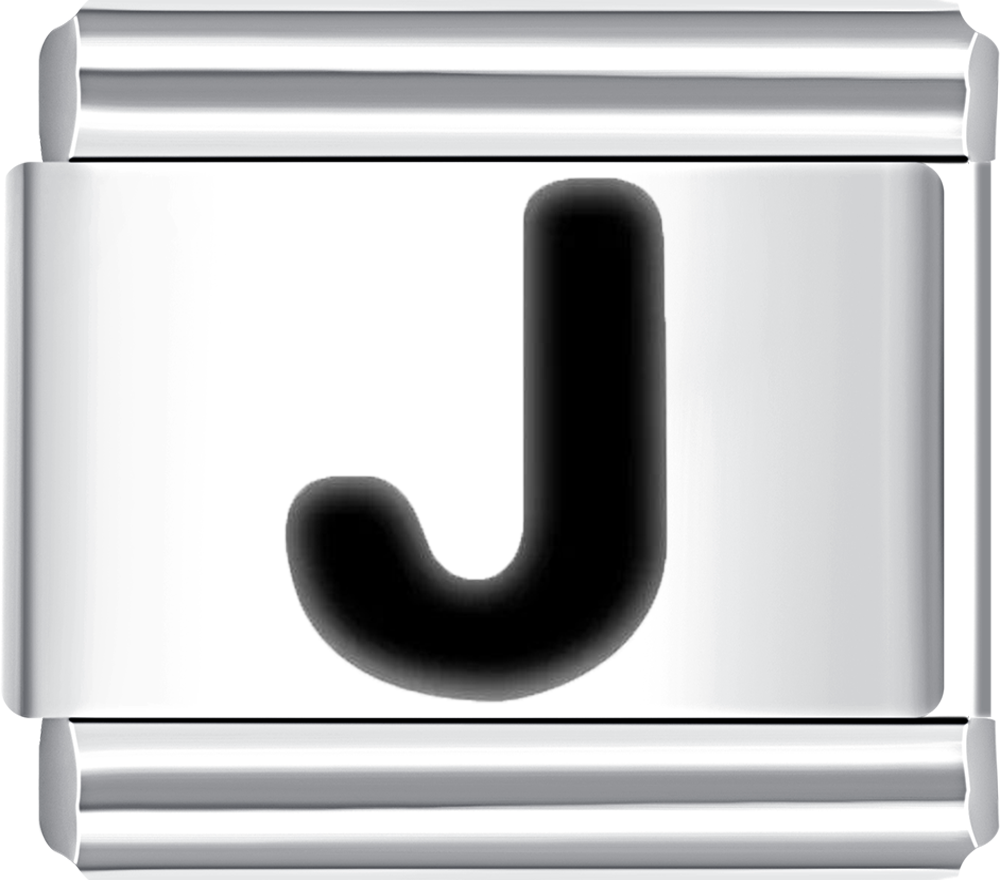 Silver charm with a black letter 'J'