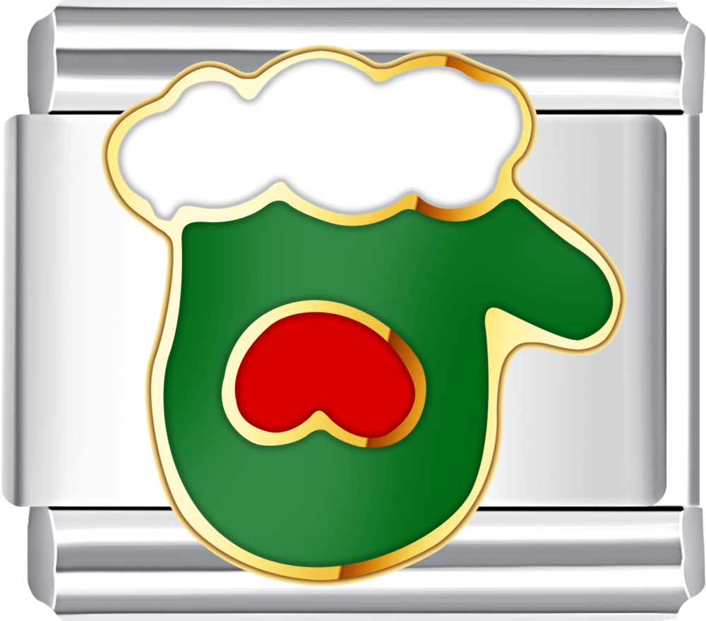 Green ribbon Italian charm with golden bell, joyful Christmas symbol.