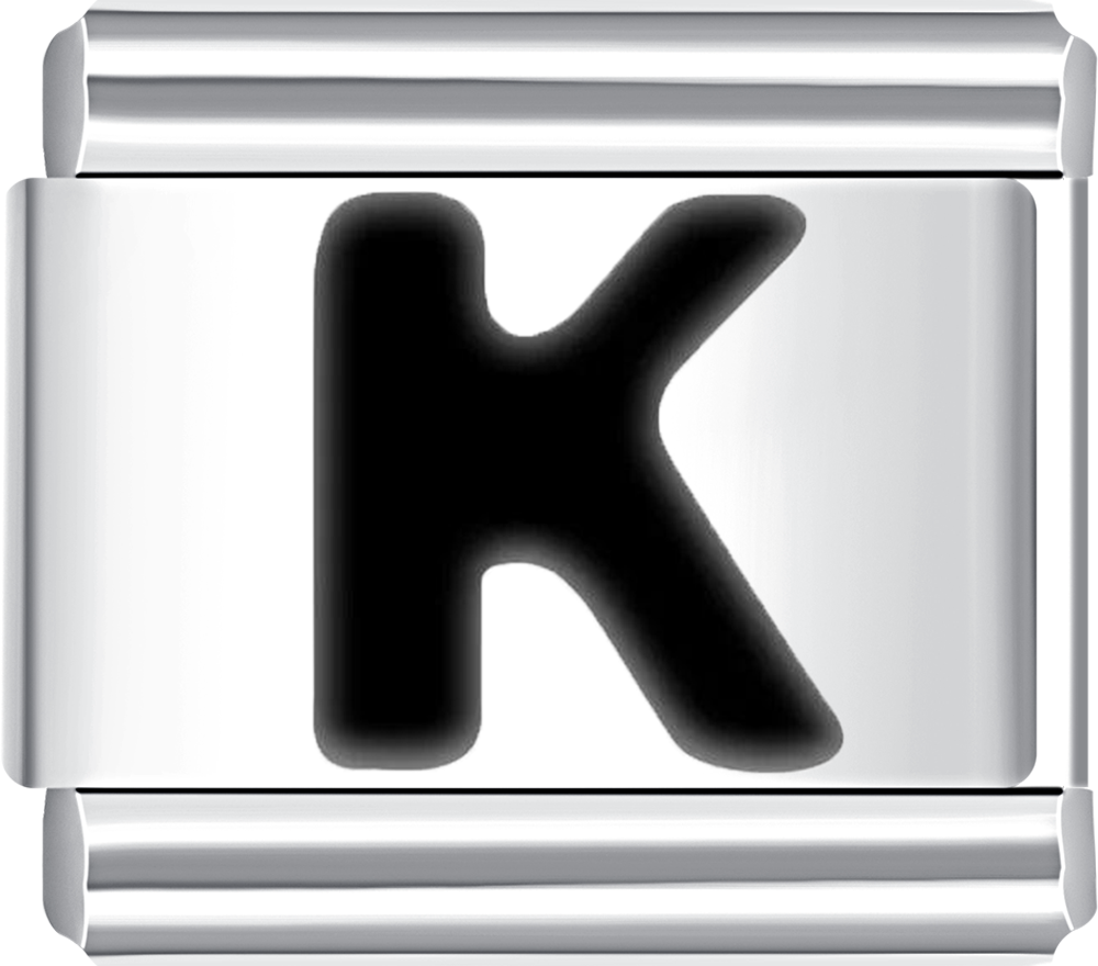 A silver charm with the black letter K on it, designed for use in a custom charm bracelet.