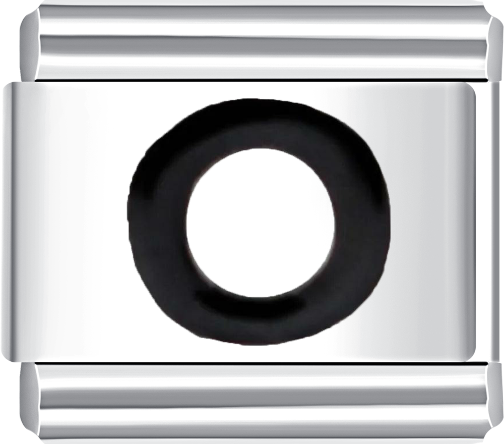 Elegant silver charm with letter O in black, perfect for your personalized charm bracelet.