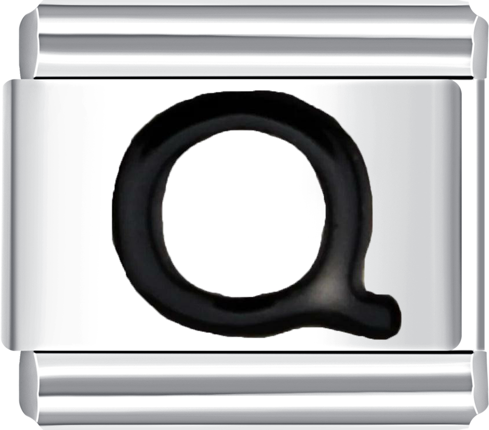 Custom silver charm featuring letter Q in black, perfect for a personalized charm bracelet.