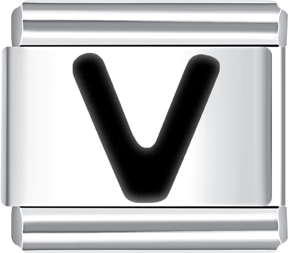Metallic charm with the letter 'V'