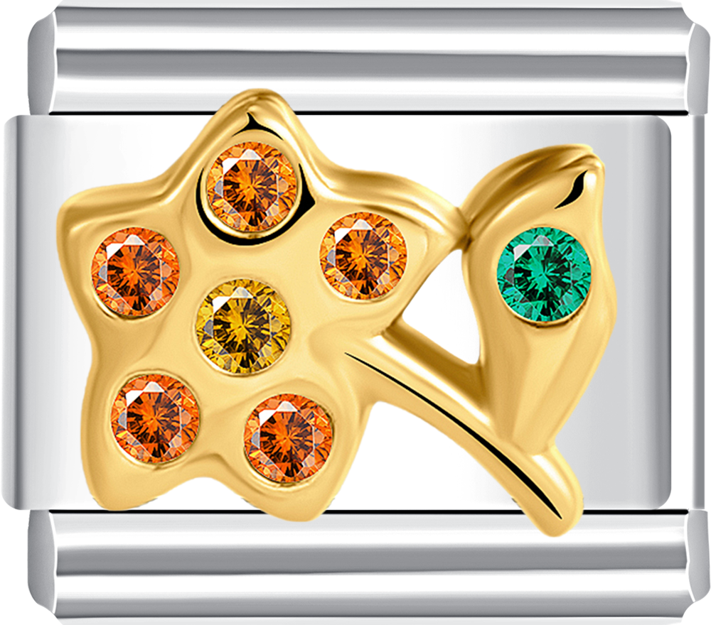 Colorful gold flower charm with red, orange, and green stones, perfect for a custom Italian charm bracelet.