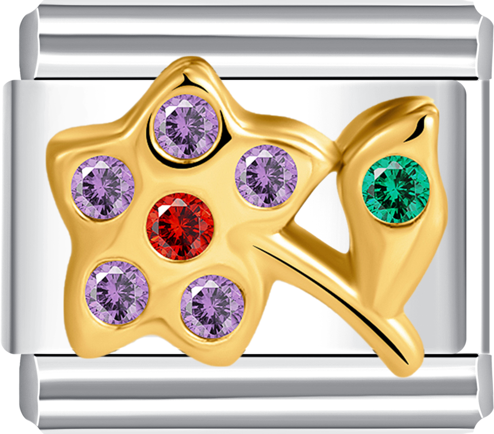Beautiful gold flower charm with red, purple, and green stones, ideal for your personalized charm bracelet.