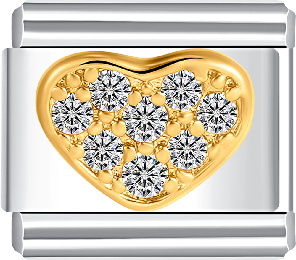 Classic gold heart charm with white stones, ideal for a stainless steel charm bracelet.
