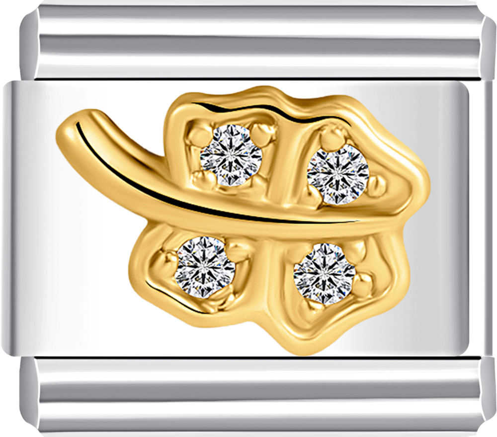 Beautiful gold clover charm with white stones, ideal for a personalized charm bracelet.