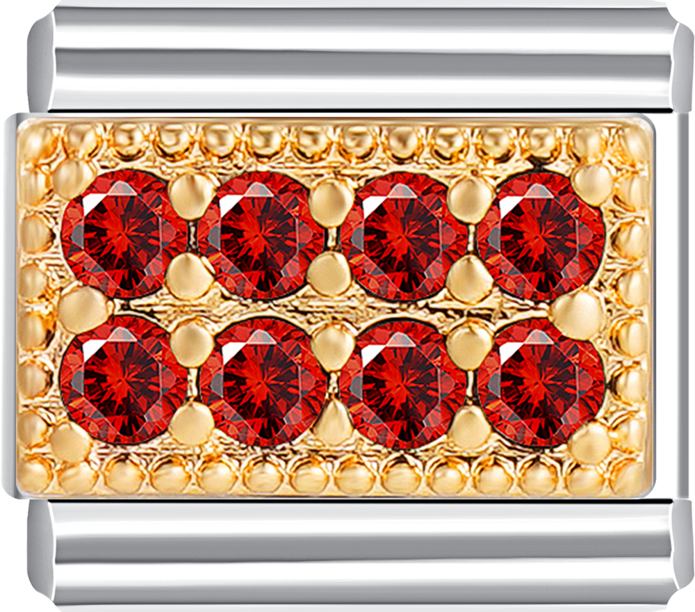 Stunning gold plate charm with 8 rich red stones, ideal for a personalized charm bracelet.