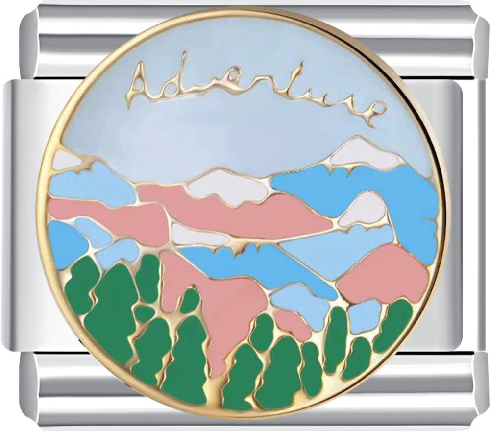 Silver charm with a mountain landscape and 'Adventure' text