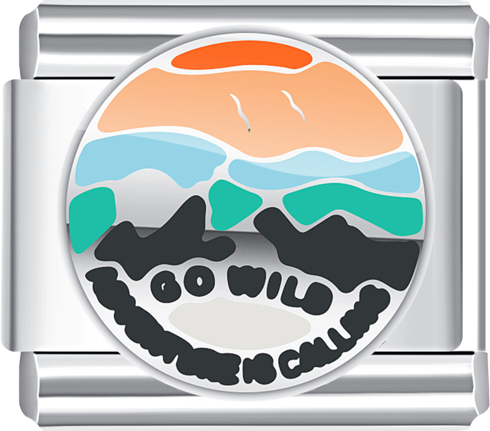 Silver charm with a colorful mountain design and 'Go Wild' text