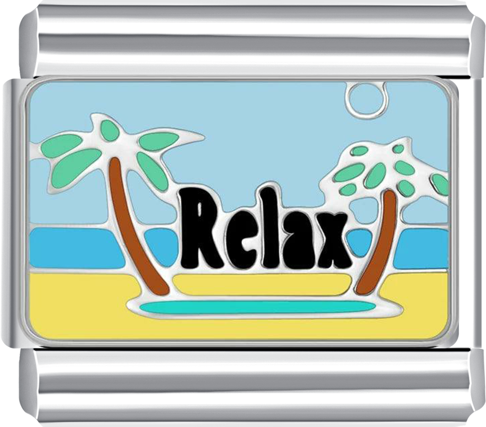 Metal charm with 'Relax' text and palm tree design on a blue and yellow background