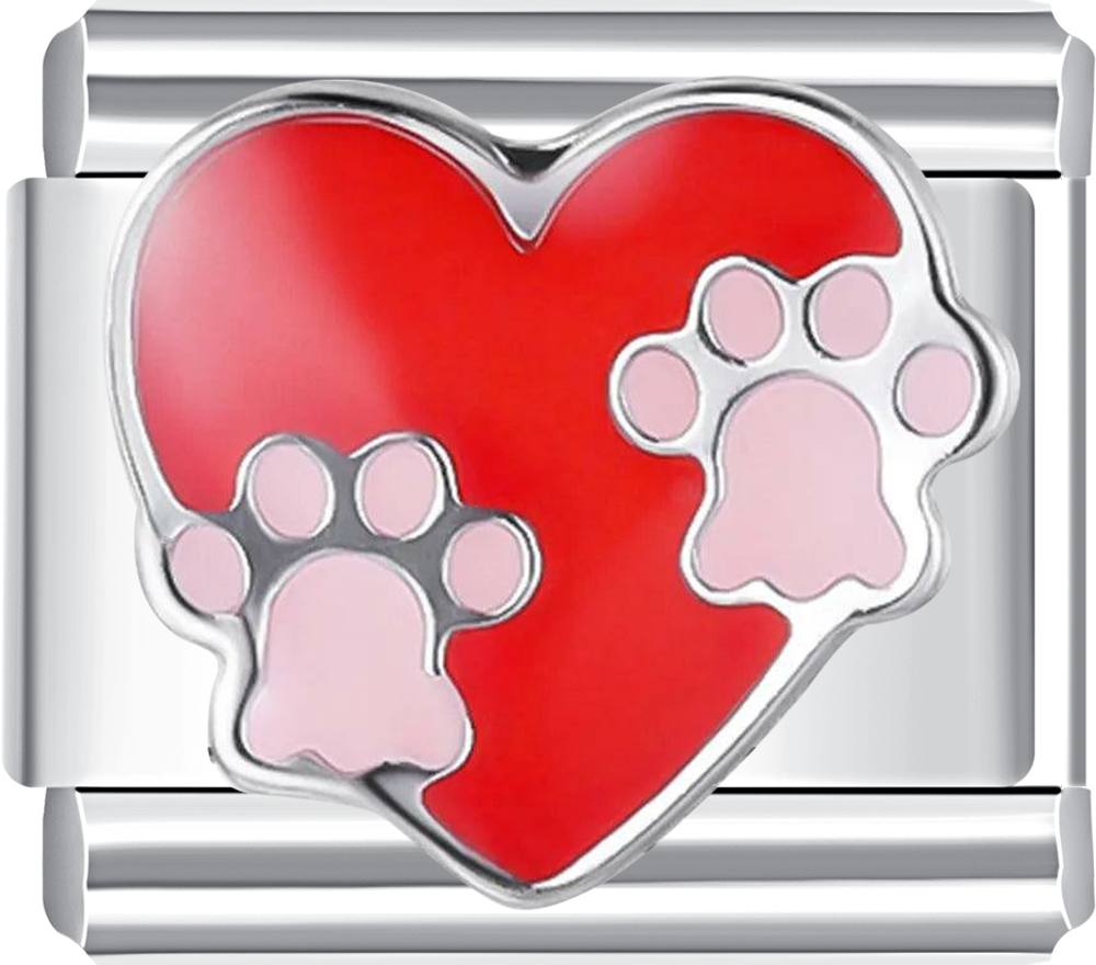 Silver charm with a red heart and pink paw prints
