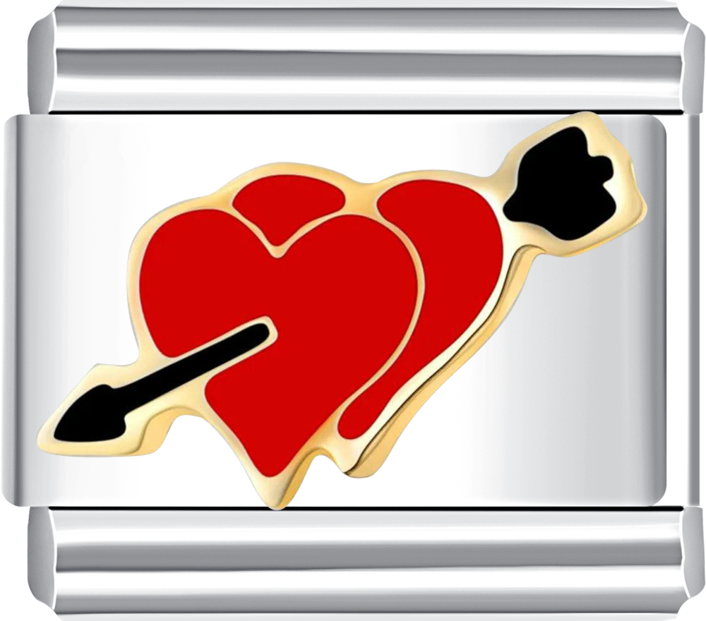 Double Red Heart Pierced by Black Arrow Italian charm bracelet at CHARMSDIY! Featuring a bold design with red hearts and a black arrow on durable stainless steel