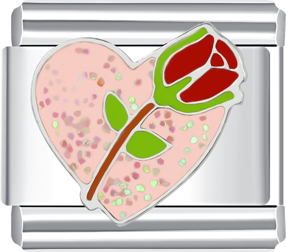 Glittery Pink Heart with Red Rose Italian charm bracelet at CHARMSDIY! Featuring a stunning heart and rose design on durable stainless steel
