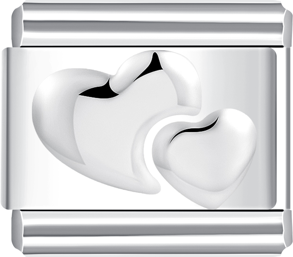 Stylish silver double heart charm on silver, ideal for your personalized charm bracelet.