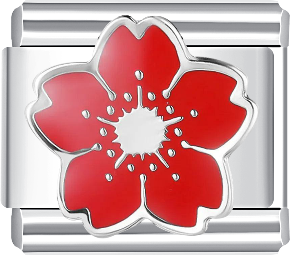 Silver charm with a red flower design