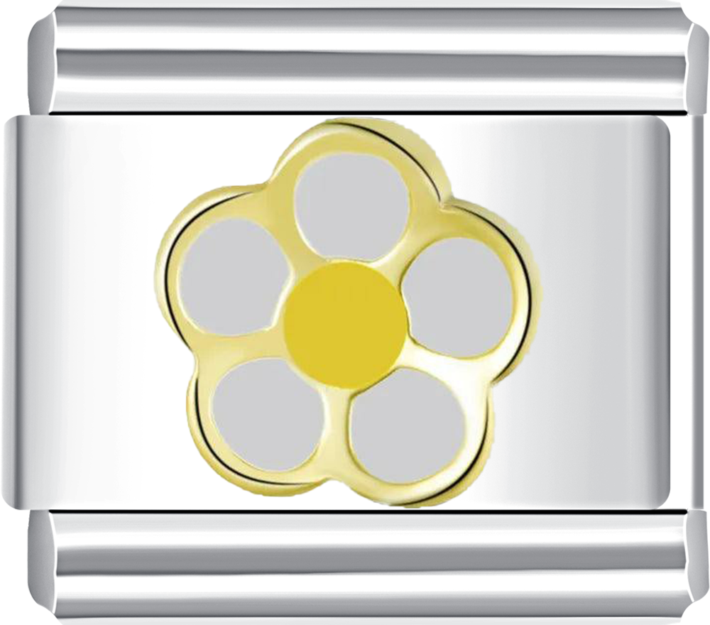 Silver charm with a gold and white flower design