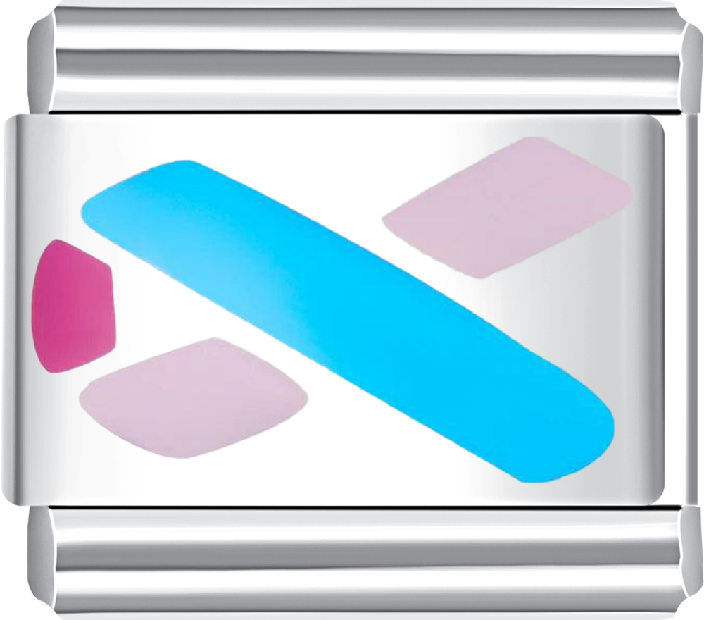 Silver charm with blue and pink geometric shapes