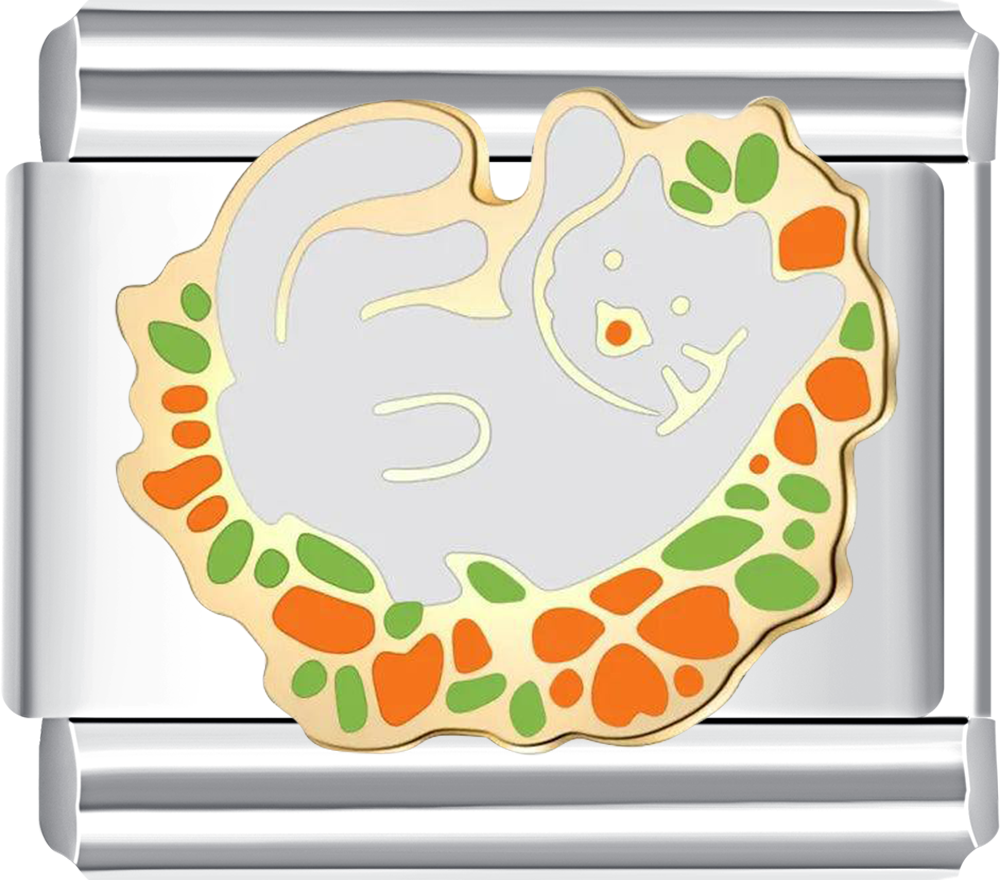 Silver charm with a cat design surrounded by orange and green leaves