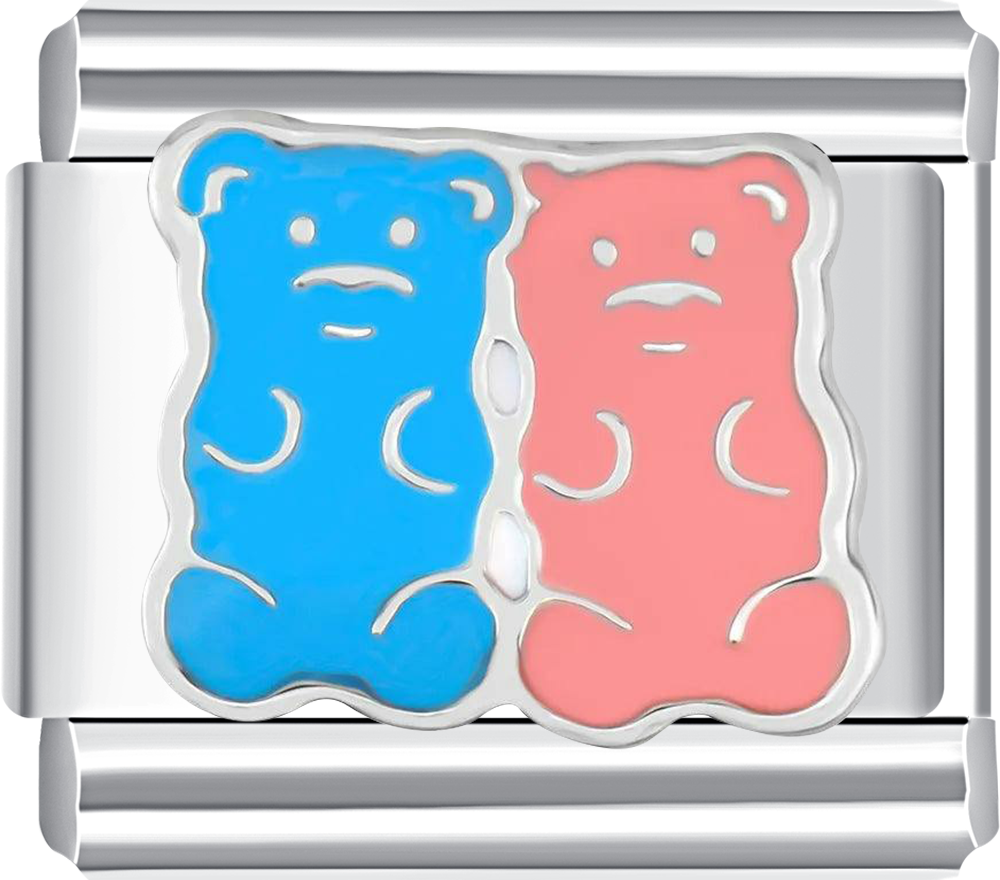 Silver charm with blue and pink gummy bear designs
