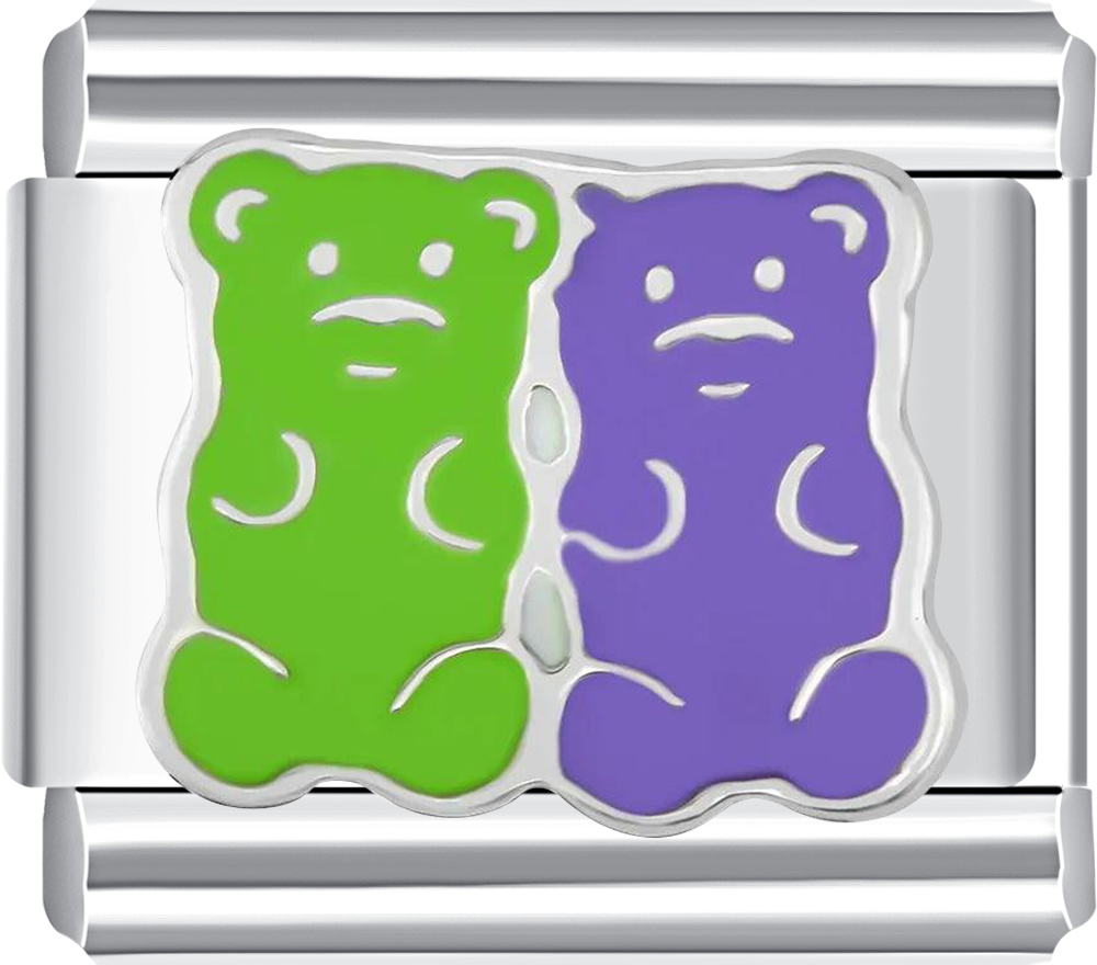 Silver charm with green and purple gummy bear designs