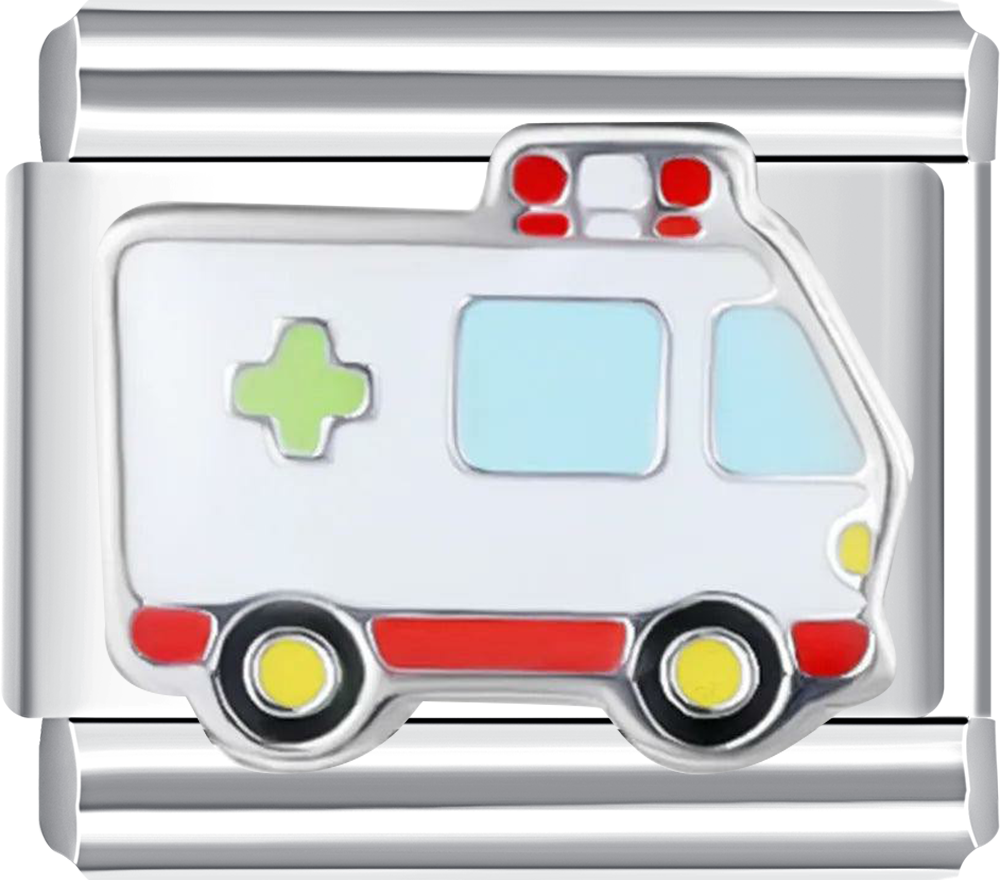 Metallic charm shaped like an ambulance with a cross