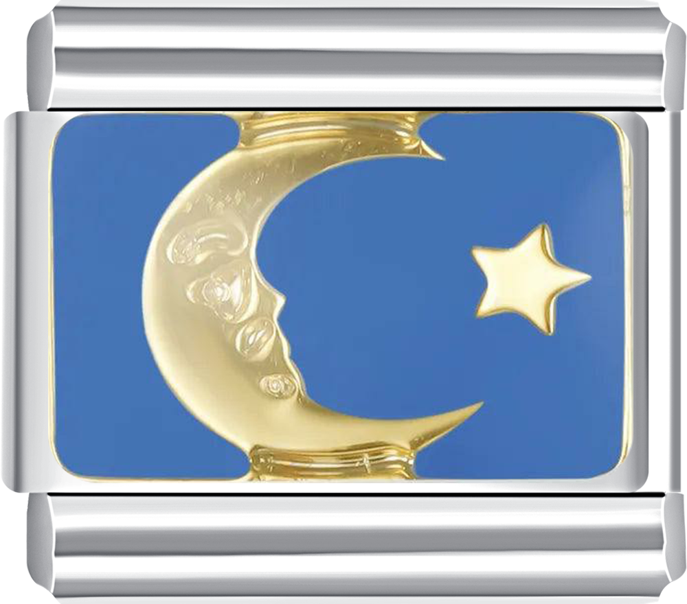 Silver charm with gold crescent moon and star on blue background