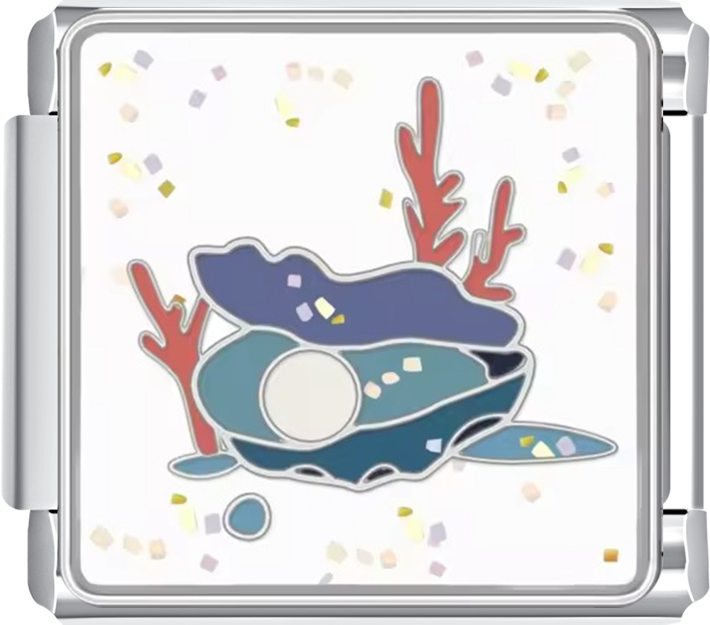 Decorative charm with an oyster and pearl design on a white background