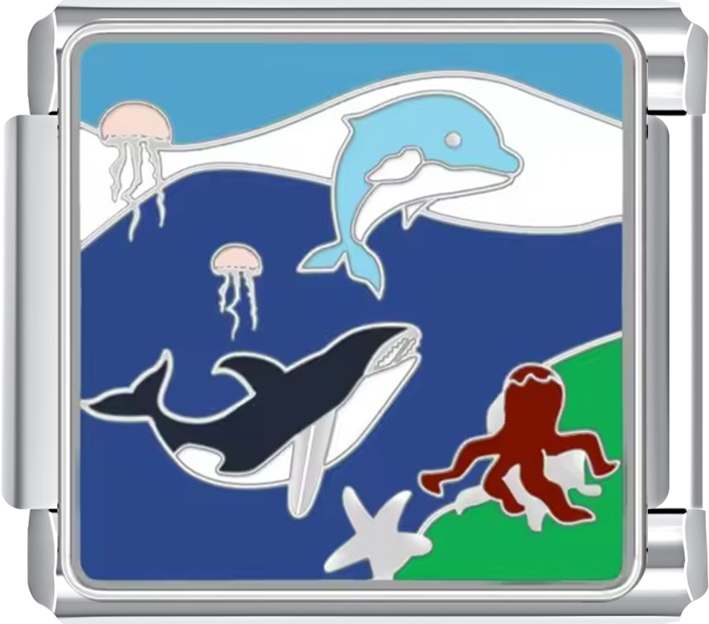 Decorative charm with ocean-themed design featuring dolphins, jellyfish, and an octopus on a blue background.