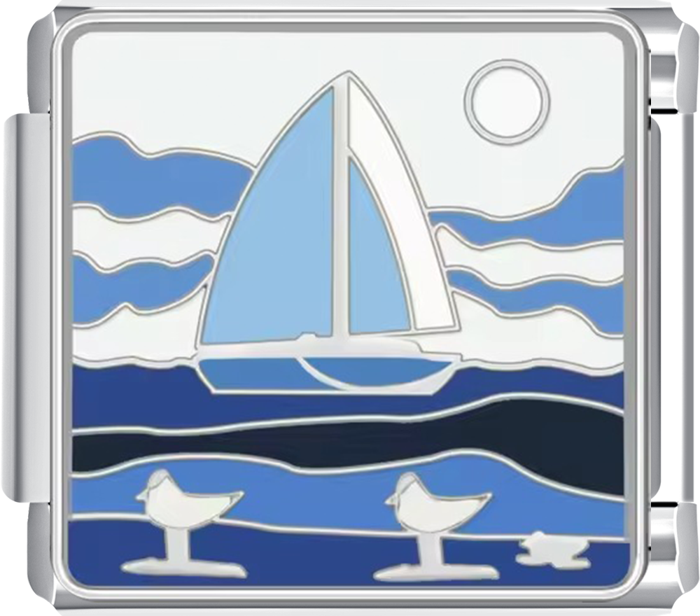 Metal charm with a sailboat design on a blue and white background