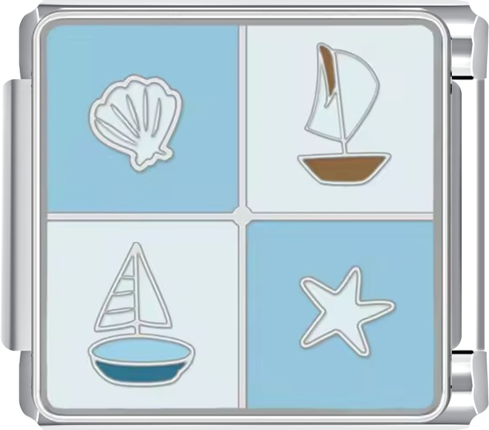 Silver charm with four designs: a shell, two sailboats, and a starfish on a light blue background.