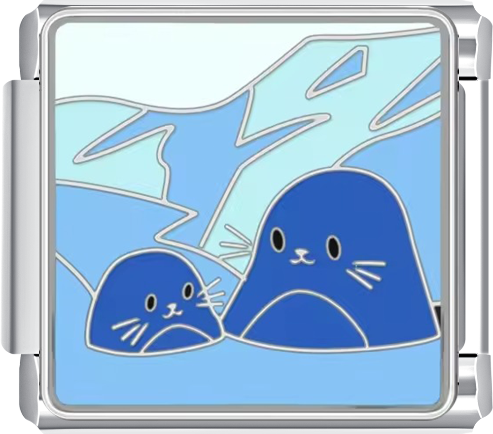 Silver charm with blue seal design on a light blue background