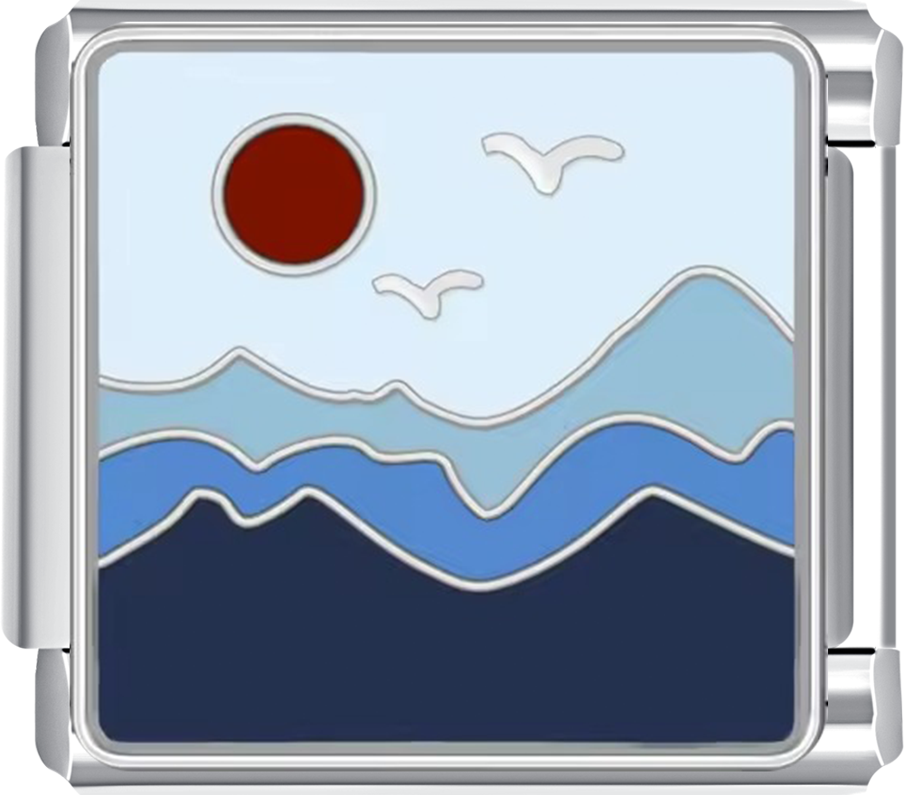 Metallic charm with a scenic design of mountains, sun, and birds on a blue background.