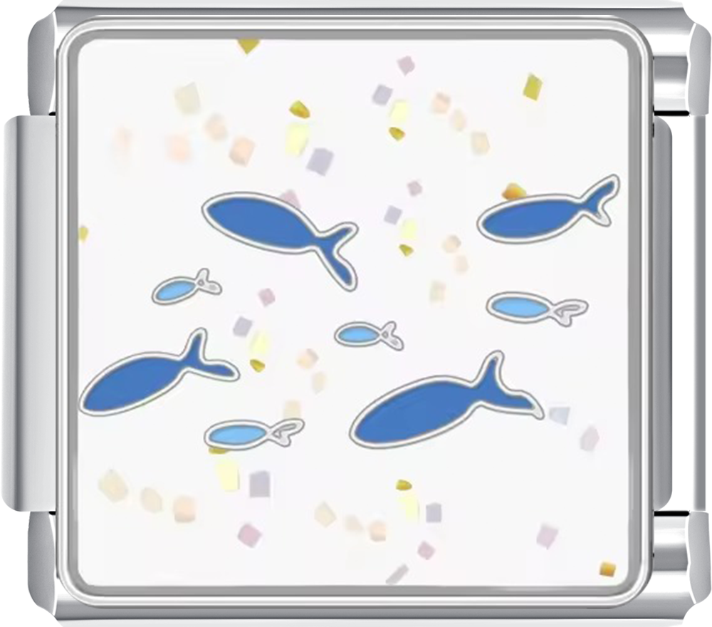 Silver charm with blue fish design on a white background