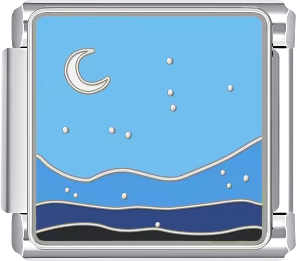 Metal charm with a night sky design featuring a moon and stars.