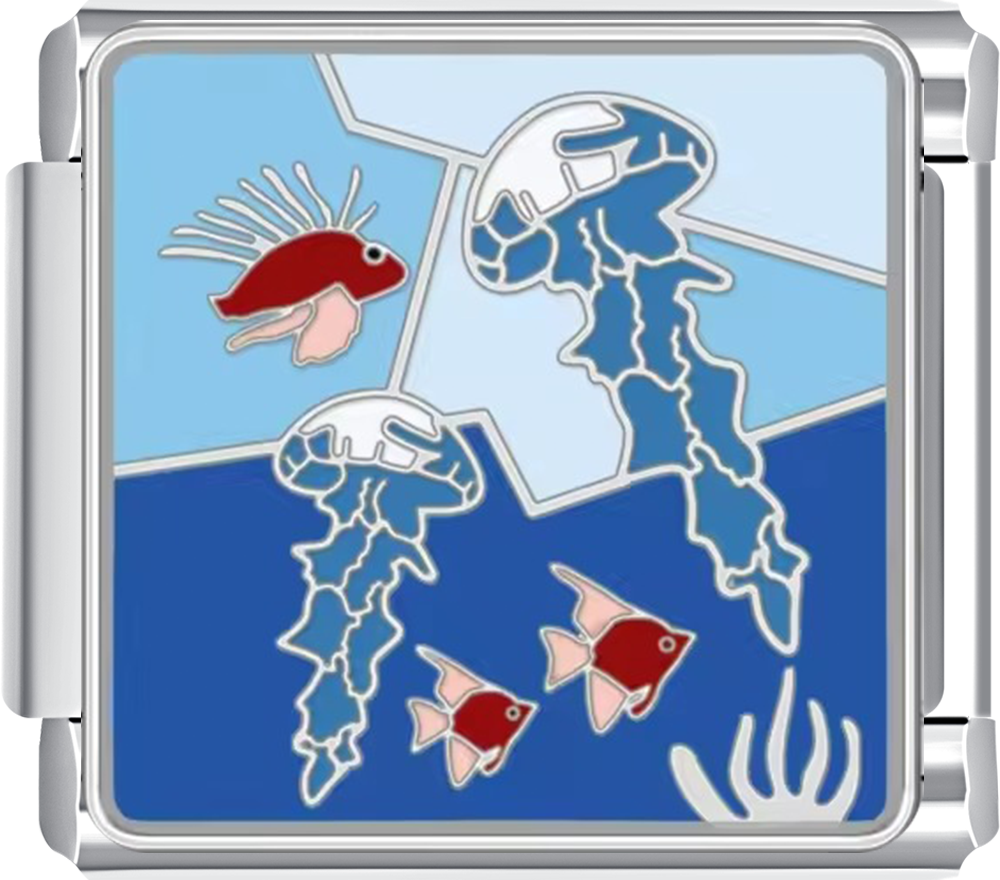 Decorative charm with underwater scene featuring fish and a diver on a blue background.