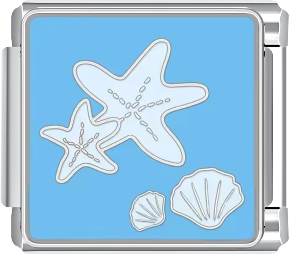 Silver charm with starfish and shell design on a blue background